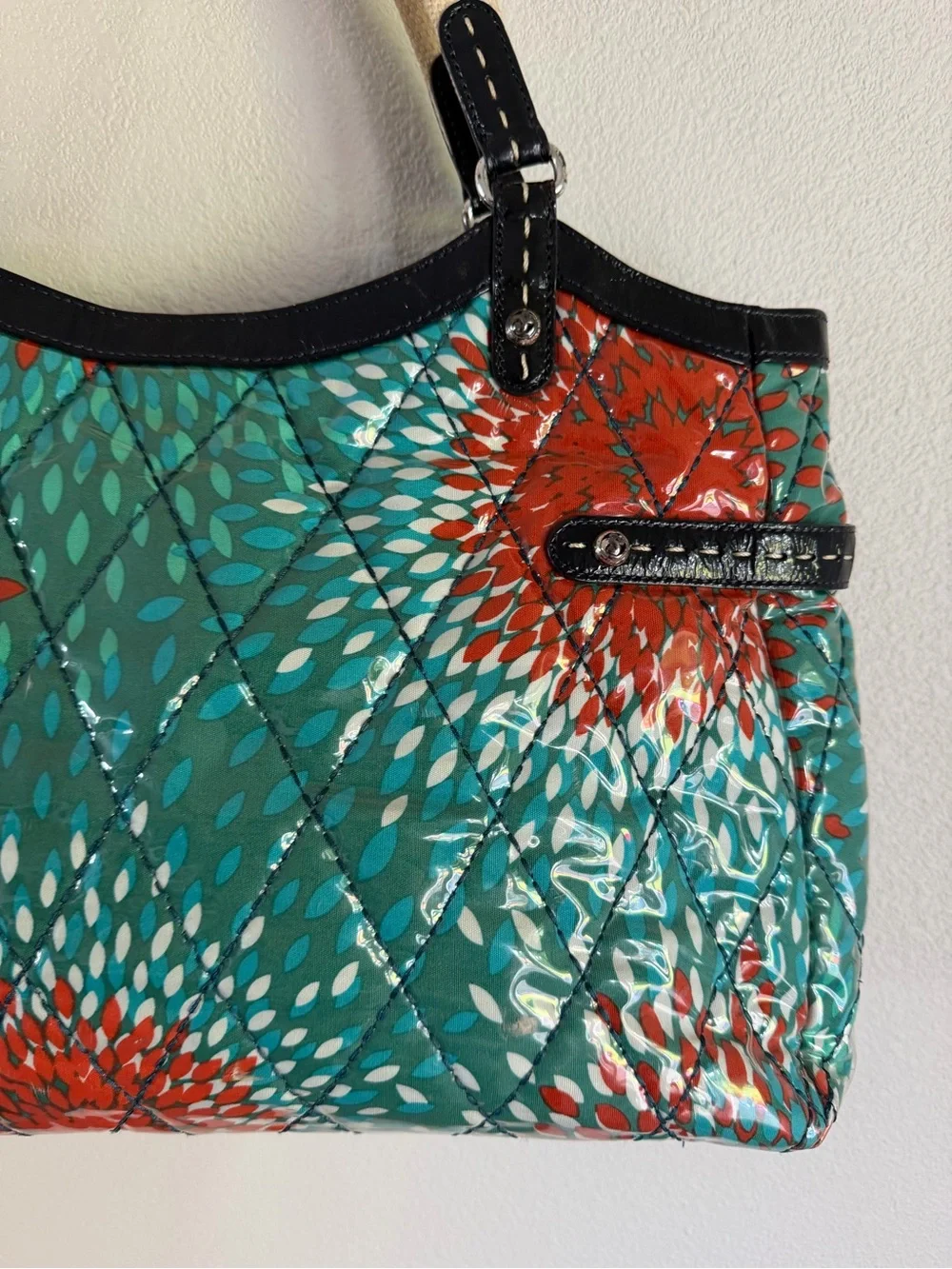 Brighton Purse Laminated Quilted Heart To Heart Large Tote Blue Red